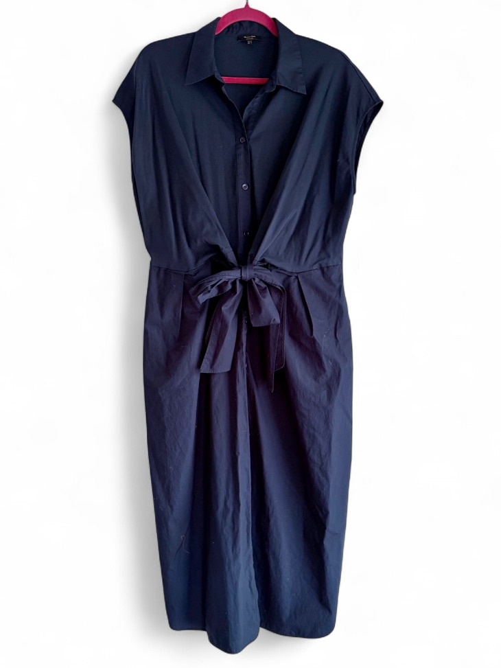 Massimo Dutti Navy Blue Short Sleeve Tie Waist Cotton Midi Shirt Dress Size M